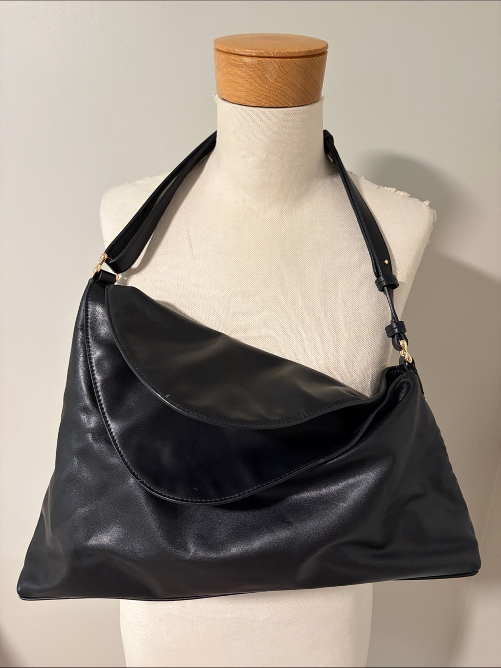 Aupen Nirvana Maxi Noir Black Calfskin Leather Asymmetric Shoulder Bag Dust Bag